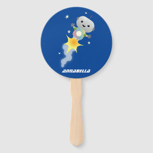 Cute robot flying in space cartoon illustration hand fan