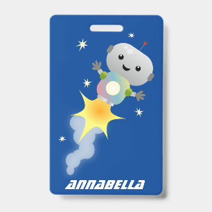 Cute robot flying in space cartoon illustration ID badge