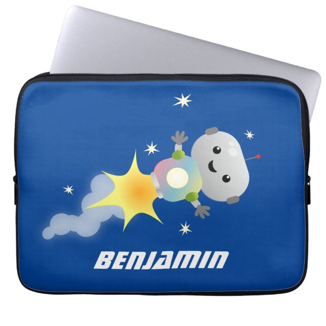 Cute robot flying in space cartoon illustration laptop sleeve (Front)
