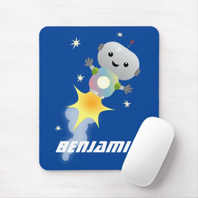 Cute robot flying in space cartoon illustration mouse pad (With Mouse)