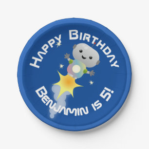 Cute robot flying in space cartoon illustration paper plate