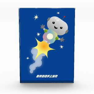 Cute robot flying in space cartoon illustration photo block