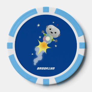 Cute robot flying in space cartoon illustration poker chips
