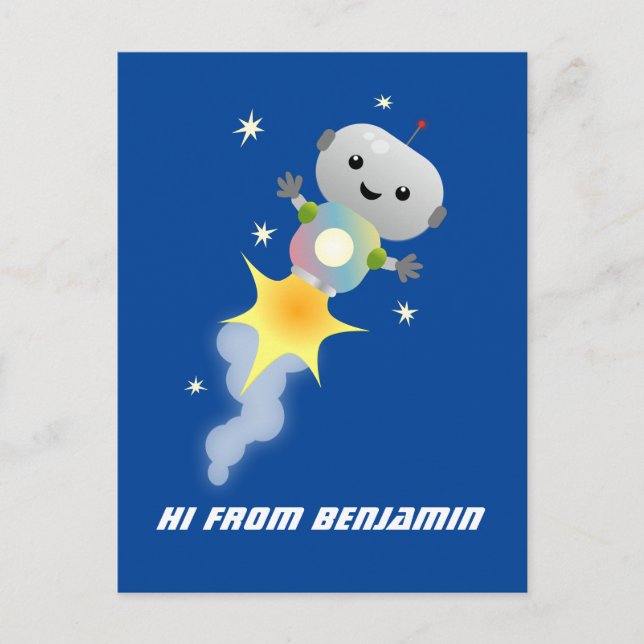 Cute robot flying in space cartoon illustration postcard (Front)