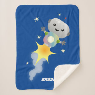 Cute robot flying in space cartoon illustration sherpa blanket