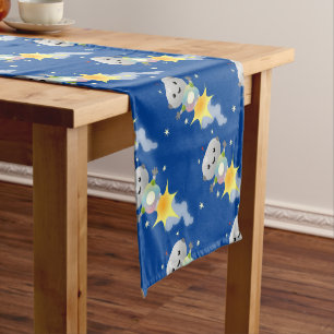 Cute robot flying in space cartoon illustration short table runner