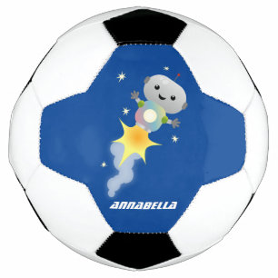 Cute robot flying in space cartoon illustration soccer ball