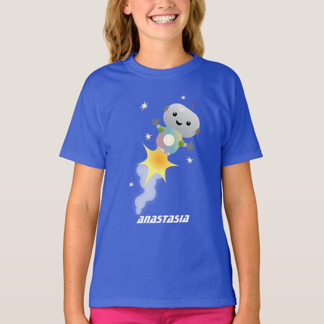 Cute robot flying in space cartoon illustration T-Shirt (Front)