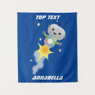 Cute robot flying in space cartoon illustration tapestry
