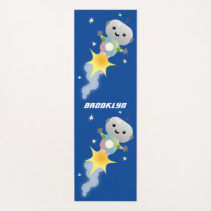 Cute robot flying in space cartoon illustration yoga mat