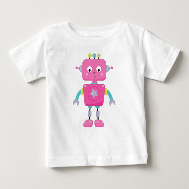 Cute Robot, Funny Robot, Silly Robot, Pink Robot Baby T-Shirt (Front)