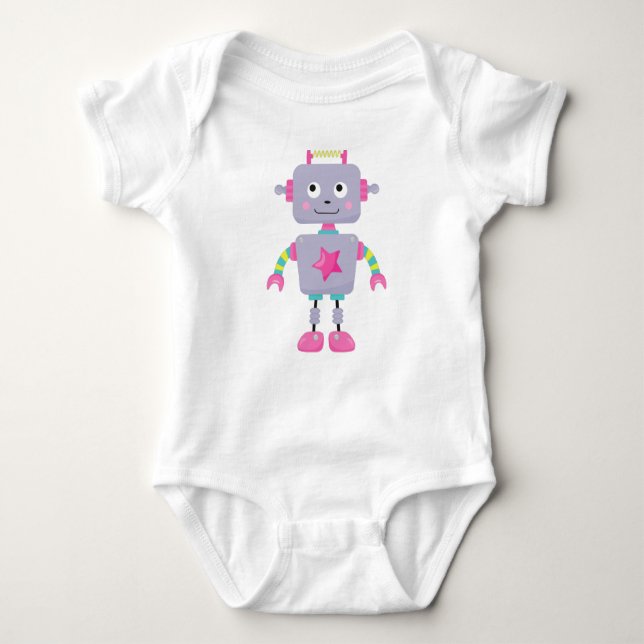 Cute Robot, Funny Robot, Silly Robot, Purple Robot Baby Bodysuit (Front)