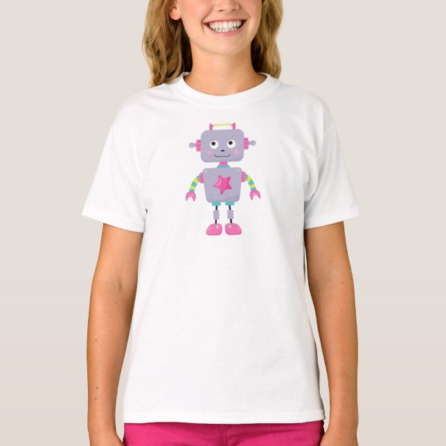 Cute Robot, Funny Robot, Silly Robot, Purple Robot T-Shirt (Front)