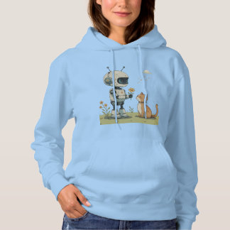 Cute Robot Gives Flower to Cat Wholesome Kids Art Hoodie