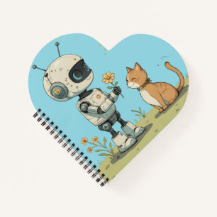 Cute Robot Gives Flower to Cat Wholesome Kids Art Notebook