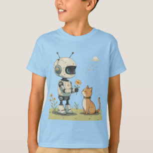 Cute Robot Gives Flower to Cat Wholesome Kids Art T-Shirt