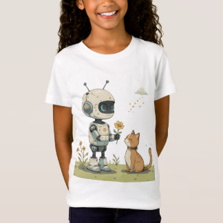 Cute Robot Gives Flower to Cat Wholesome Kids Art T-Shirt