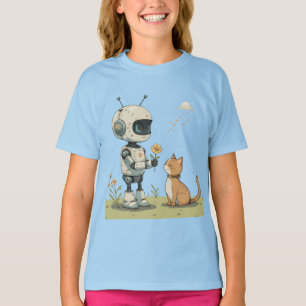 Cute Robot Gives Flower to Cat Wholesome Kids Art T-Shirt