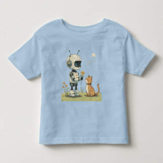 Cute Robot Gives Flower to Cat Wholesome Kids Art Toddler T-Shirt