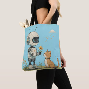 Cute Robot Gives Flower to Cat Wholesome Kids Art Tote Bag