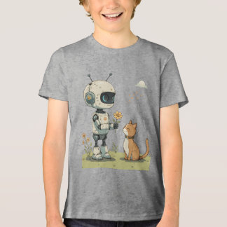 Cute Robot Gives Flower to Cat Wholesome Kids Art Tri-Blend Shirt