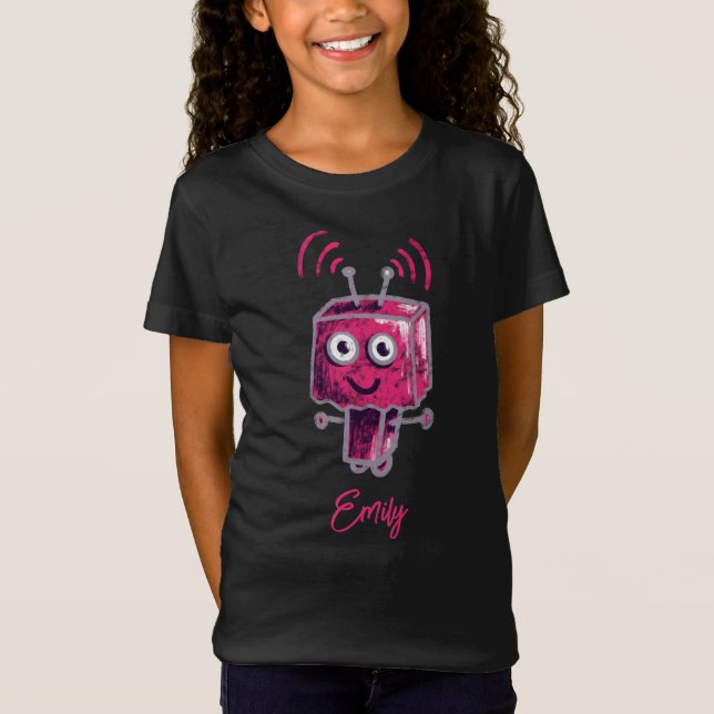 Cute Robot Grunge Pink Name T-Shirt (Front)