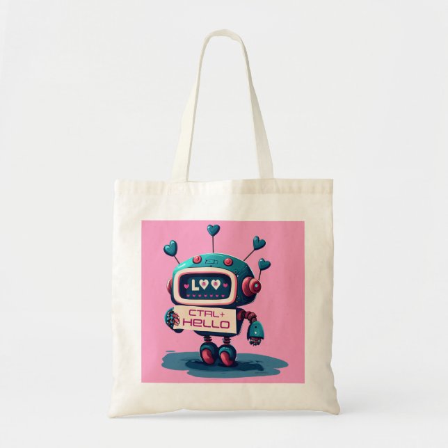 Cute Robot Hello +CTRL Hearts Tech Style  Tote Bag (Front)