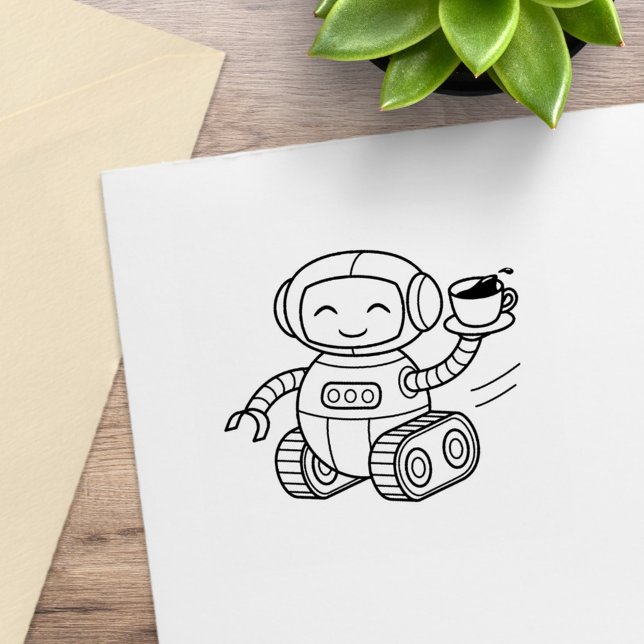 Cute Robot Holding Coffee Rubber Stamp (Creator Uploaded)