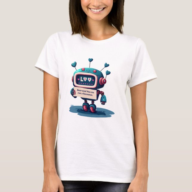 Cute Robot Hug Me Tee with Hearts, Fun  (Front)