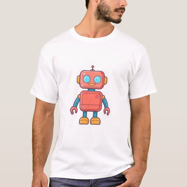 Cute Robot in Retro Sticker Design T-Shirt (Front)
