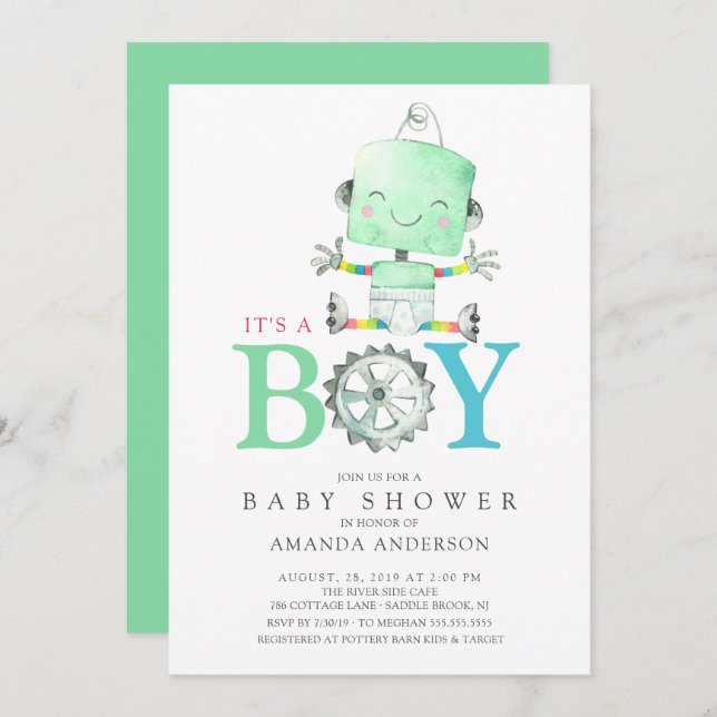 Cute Robot It's a Boy Baby Shower Invitation (Front/Back)