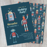 Cute Robot Kids 1st Birthday Party Invitation<br><div class="desc">Time for a party!
A fun bunch of adorable little robots,  ready to customise with your child's name,  age and party details.
The back features a cute and whimsical robot pattern.</div>