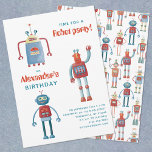 Cute Robot Kids Birthday Party Invitation<br><div class="desc">Time for a party!
A fun bunch of adorable little robots,  ready to customise with your child's name and party details.
The back features a cute and whimsical robot pattern.</div>