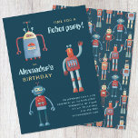 Cute Robot Kids Birthday Party Invitation<br><div class="desc">Time for a party!
A fun bunch of adorable little robots,  ready to customise with your child's name and party details.
The back features a cute and whimsical robot pattern.</div>