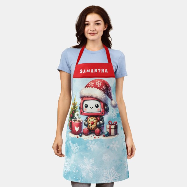 Cute Robot Monogrammed Blue and Red Christmas Apron (Worn)