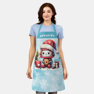 Cute Robot Monogrammed Blue Christmas Apron