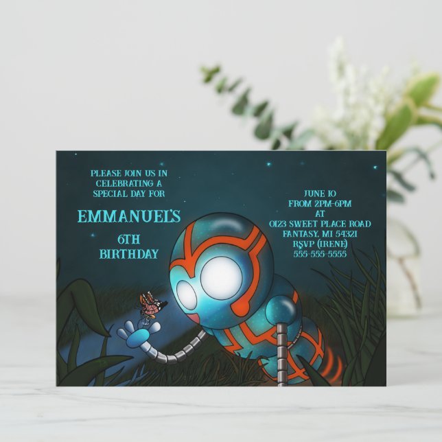 Cute Robot Orange Blue Birthday  Invitation (Standing Front)