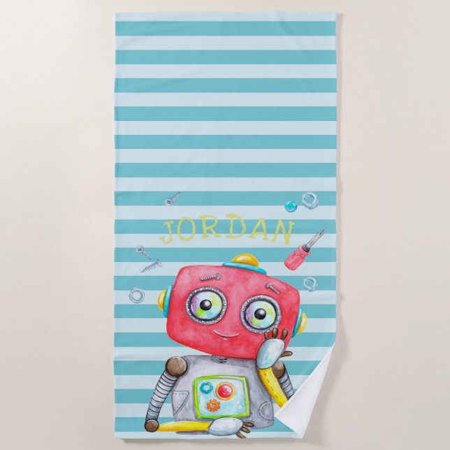 Cute Robot Personalised Beach Towel (Front)