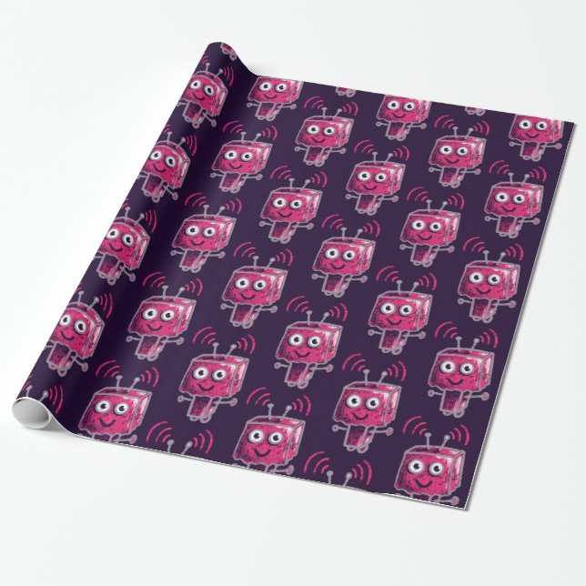 Cute robot pink purple geek kids wrapping paper (Unrolled)