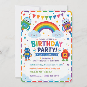 Cute Robot Rainbow Kids Birthday Party Invitation