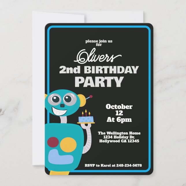 Cute Robot Second Birthday Party Invitation (Front)