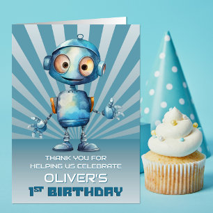 Cute Robot Theme 1st Birthday Thank You