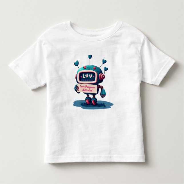 Cute Robot with blue hearts Valentines Text, Fun  Toddler T-Shirt (Front)