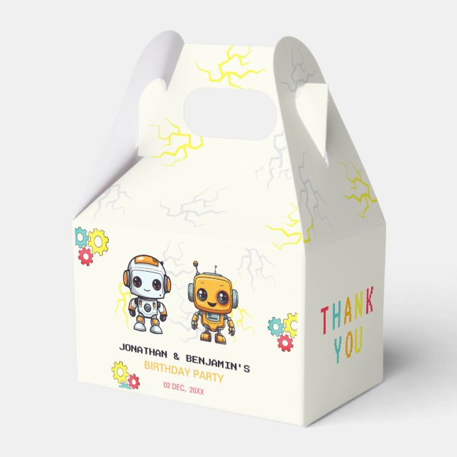 Cute Robots Boys Together Joint Birthday  Favour Box (Back Side)