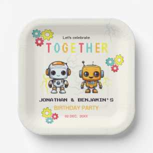 Cute Robots Boys Together Joint Birthday Paper Plate