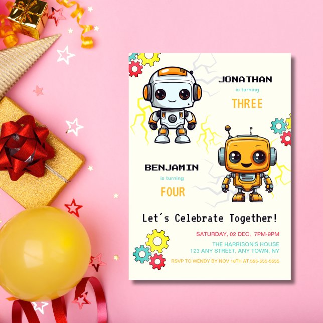 Cute Robots Futuristic Boys Joint Birthday  Invitation (Creator Uploaded)