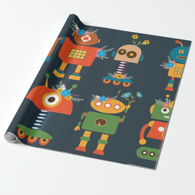 Cute robots kids design wrapping paper (Unrolled)