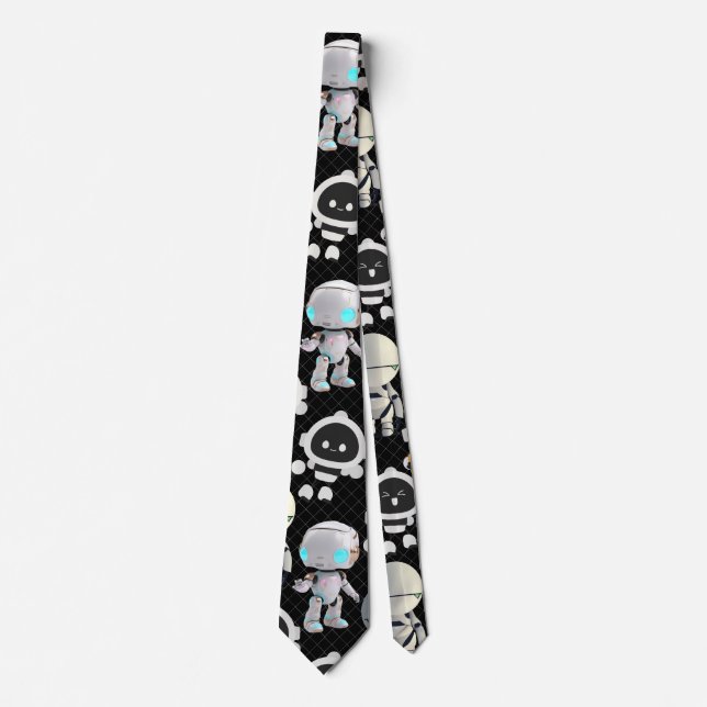 Cute Robots Pattern. CUTERB01.Black BG Tie (Front)