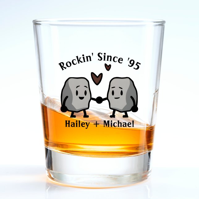 Cute Rock Pun Newlywed Couple Wedding Anniversary Shot Glass (cute rock wedding anniversary shot glass for newlywed couples or boyfriend and girlfriend)