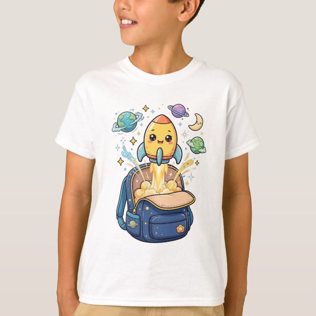 Cute Rocket Launching From Backpack - Space School T-Shirt (Front)